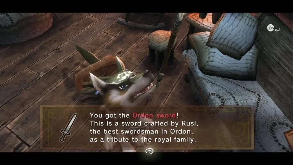Wolf Link in Rusl's house with the Ordon Sword message box on screen Wolf Link in Rusl's house with the Ordon Sword message box on screen
