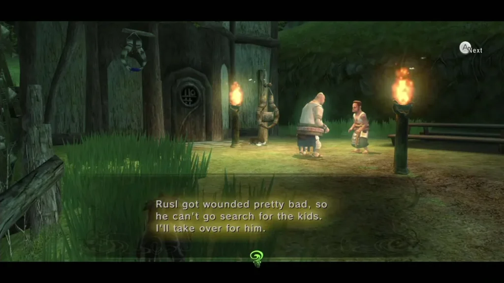 Two villagers under torchlight at night discussing Rusl's injury Two villagers under torchlight at night discussing Rusl's injury