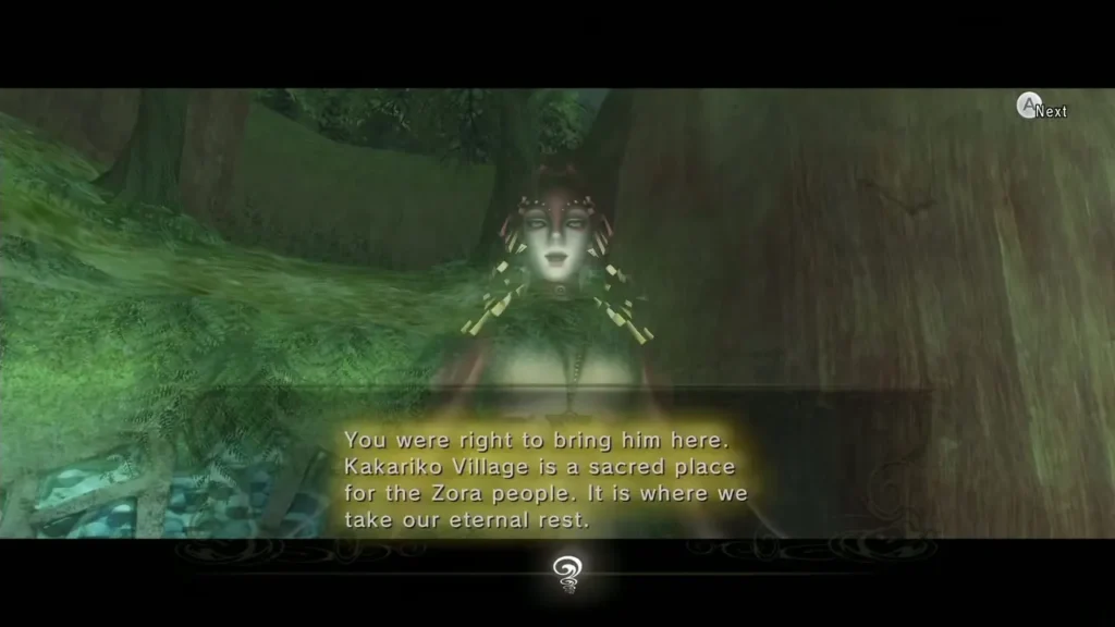 Queen Rutela's spirit at the grave in Kakariko, saying it is where the Zora rest Queen Rutela's spirit at the grave in Kakariko, saying it is where the Zora rest