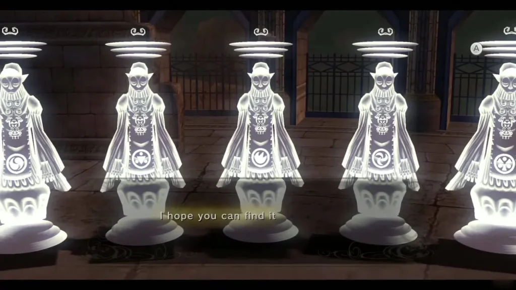 The white sages gathered in front of the broken Mirror with Midna and Link The white sages gathered in front of the broken Mirror with Midna and Link