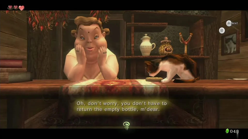 Sera leaning on her counter and telling Link not to return the bottle Sera leaning on her counter and telling Link not to return the bottle