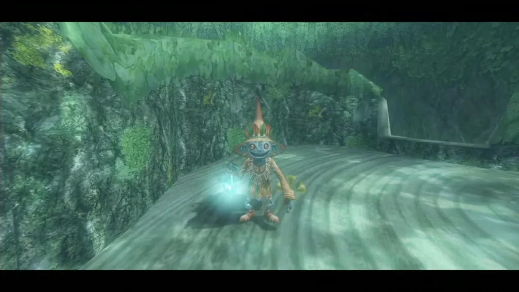 Skull Kid standing on a high curved ledge path, holding a glowing orb Skull Kid standing on a high curved ledge path, holding a glowing orb