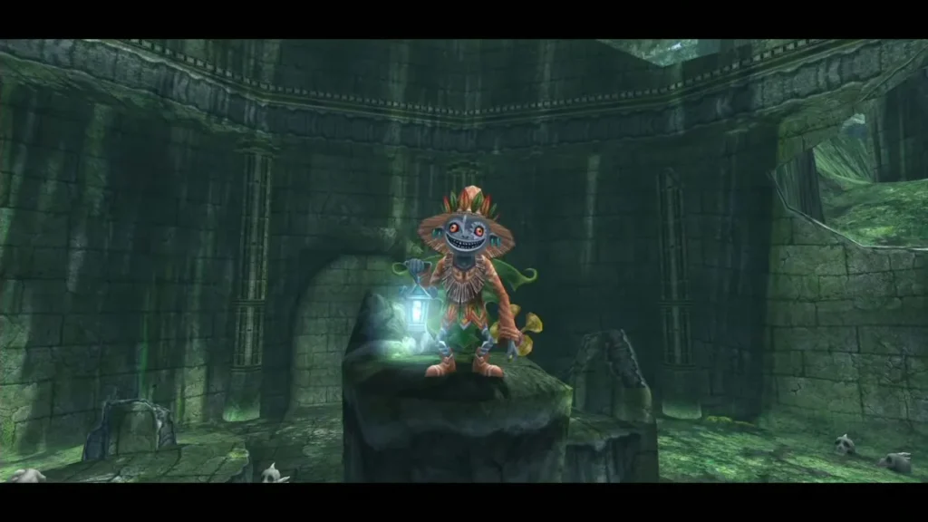 Skull Kid standing on a stone pedestal in the ruined arena Skull Kid standing on a stone pedestal in the ruined arena
