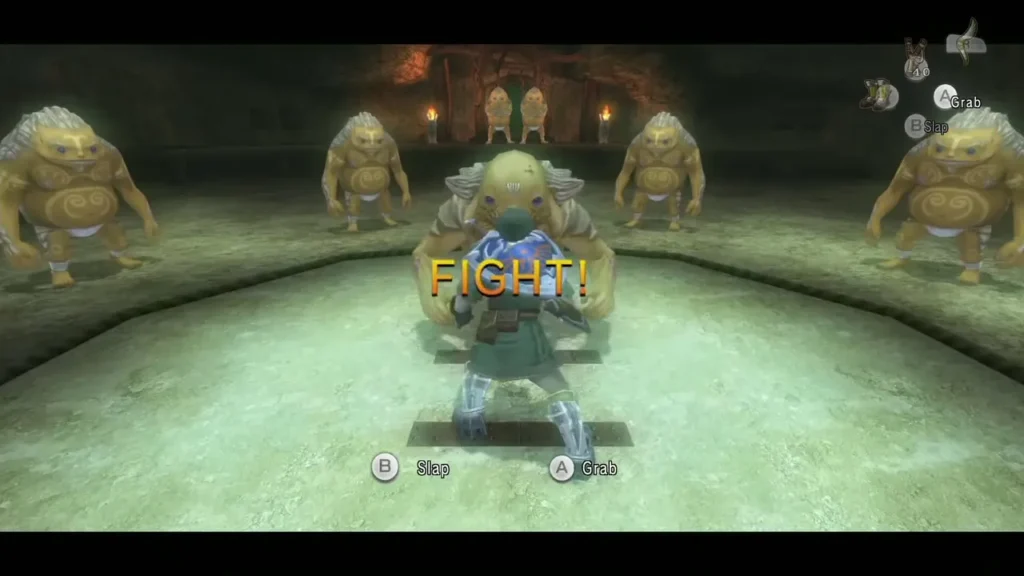 Link faces a Goron elder in the sumo ring as the FIGHT call appears Link faces a Goron elder in the sumo ring as the FIGHT call appears