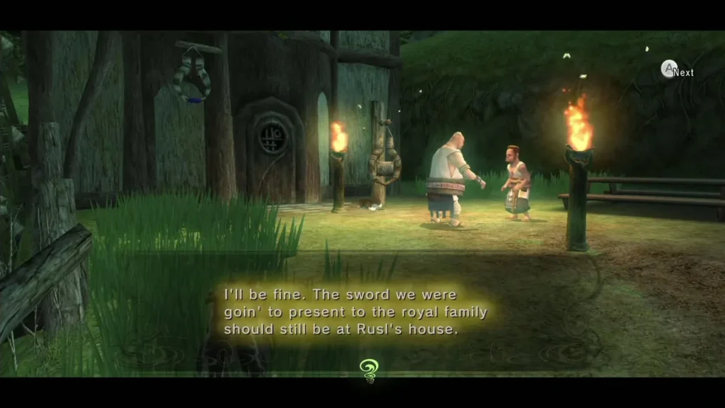 Two villagers under torchlight at night, one saying the sword is at Rusl's house Two villagers under torchlight at night, one saying the sword is at Rusl's house