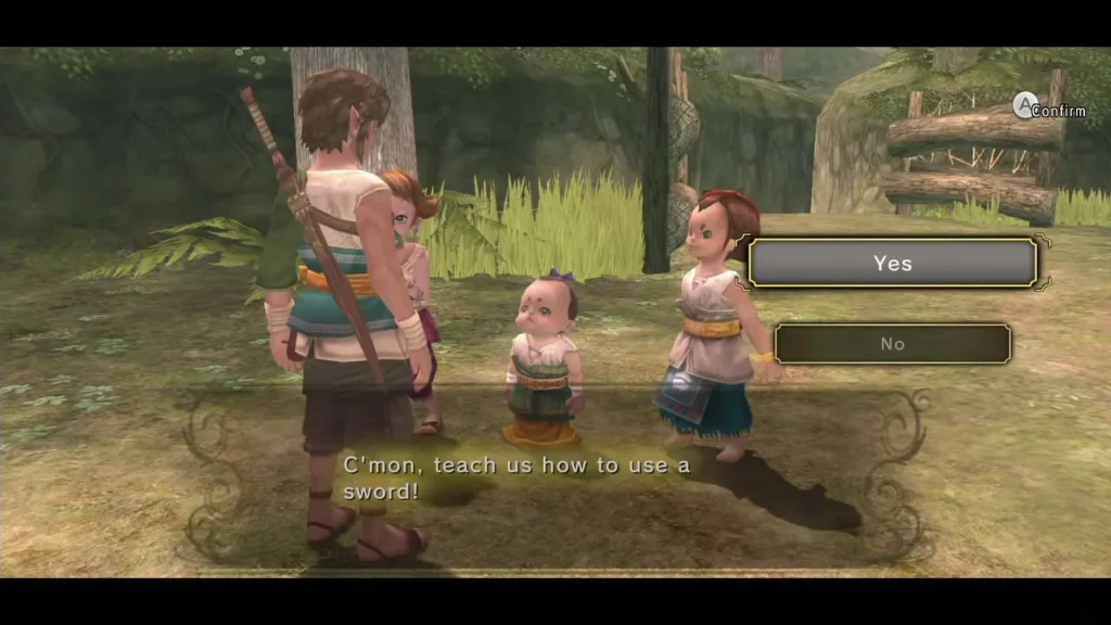 Talo asks Link to teach him how to use a sword in the woods Talo asks Link to teach him how to use a sword in the woods