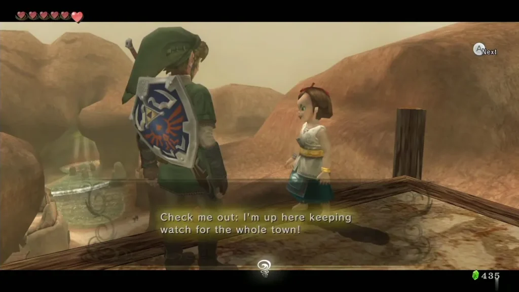 Talo keeping watch from the Kakariko watchtower beside Link Talo keeping watch from the Kakariko watchtower beside Link