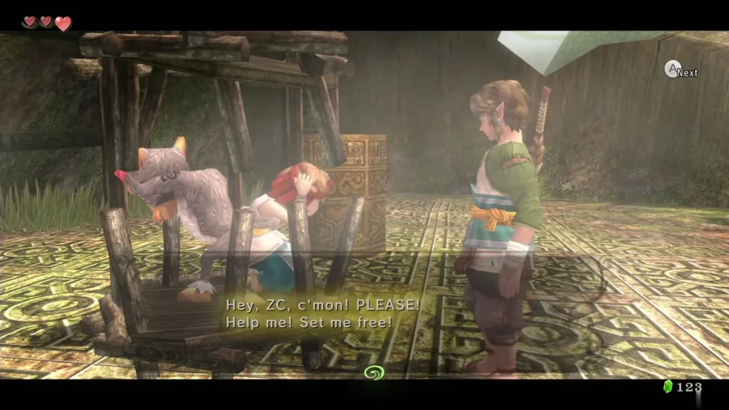 Talo in a wooden cage asking Link to set him free Talo in a wooden cage asking Link to set him free