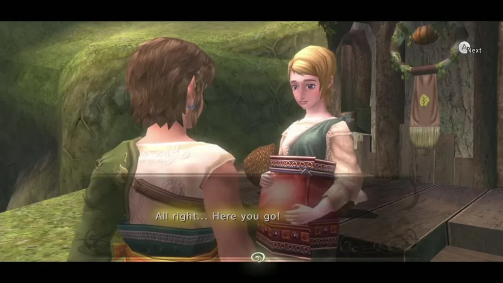 Uli handing Link a red box beside her door in Ordon Village Uli handing Link a red box beside her door in Ordon Village