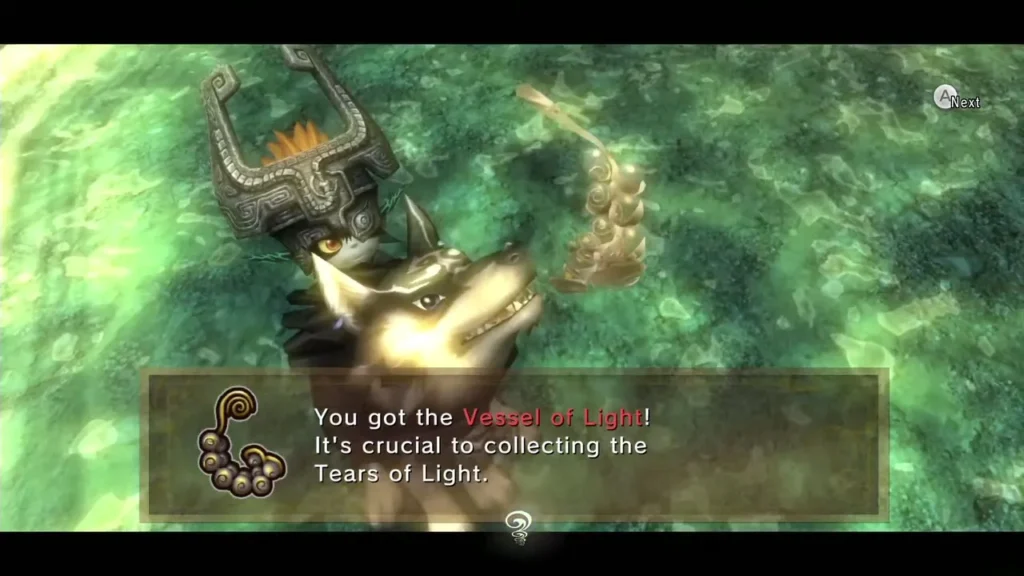 Link receives the Vessel of Light with the message box after the spirit's request Link receives the Vessel of Light with the message box after the spirit's request