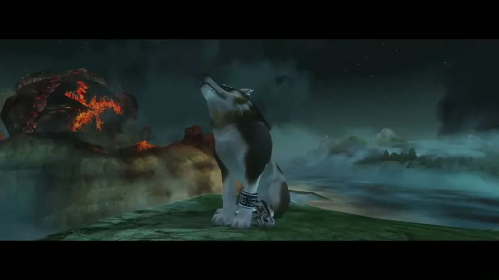 Wolf Link howling at night on a green cliff above a misty sea Wolf Link howling at night on a green cliff above a misty sea