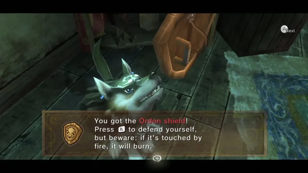 Wolf Link receiving the Ordon Shield, its item message fully shown Wolf Link receiving the Ordon Shield, its item message fully shown