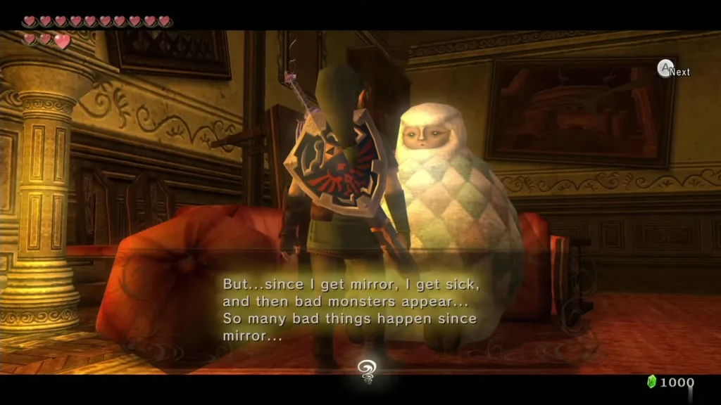 Yeta on the sofa beside Link, explaining that the mirror brings bad monsters Yeta on the sofa beside Link, explaining that the mirror brings bad monsters