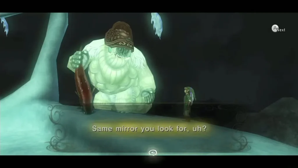 Yeto in a pale spirit-world scene talking to Link about the mirror piece Yeto in a pale spirit-world scene talking to Link about the mirror piece