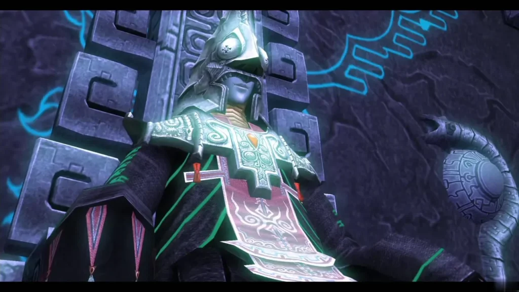 Zant in his helmet and robes standing before the Twilight throne Zant in his helmet and robes standing before the Twilight throne