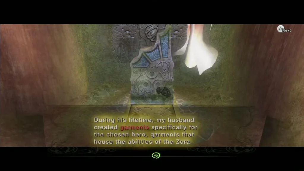 Rutela beside a carved stone shrine saying her husband created garments for the chosen hero Rutela beside a carved stone shrine saying her husband created garments for the chosen hero