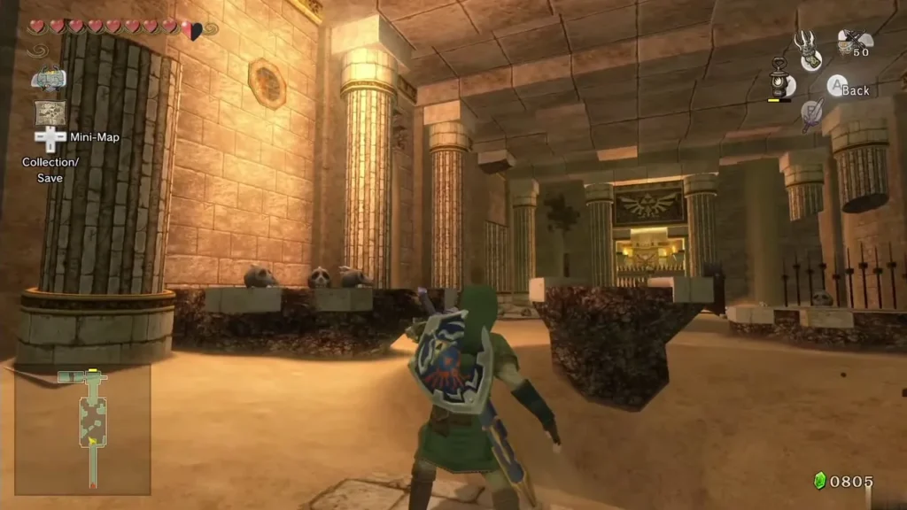 Link standing in a columned hall of Arbiter's Grounds Link standing in a columned hall of Arbiter's Grounds