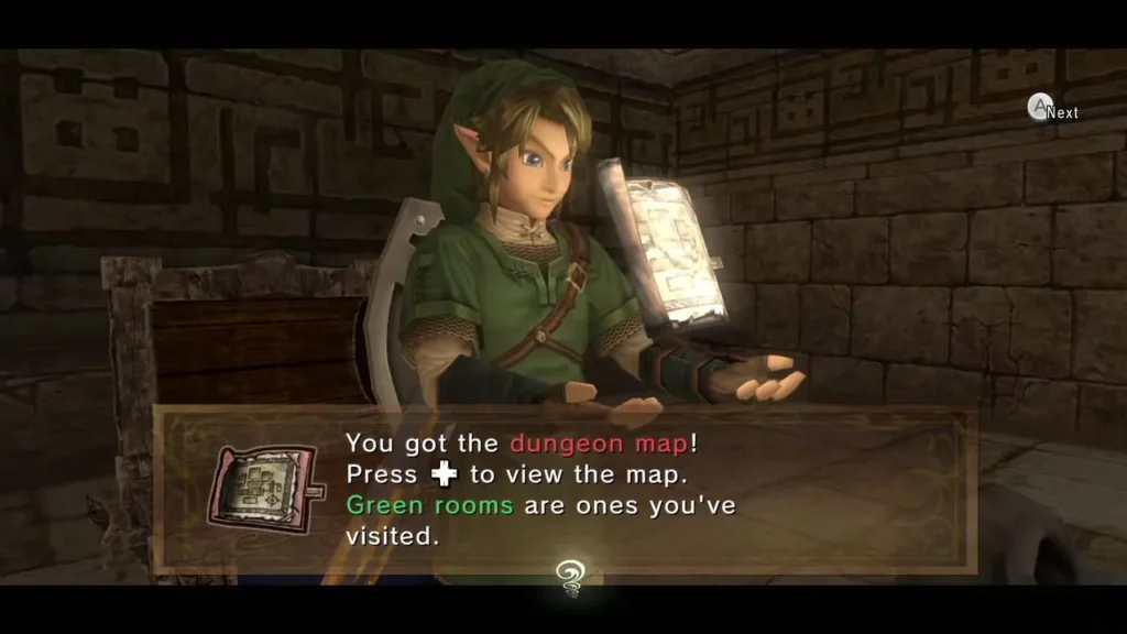 Link holding up the Dungeon Map with its message box in Arbiter's Grounds Link holding up the Dungeon Map with its message box in Arbiter's Grounds