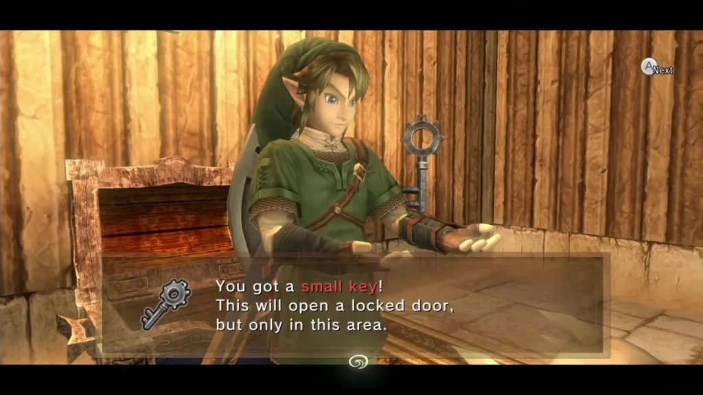 Link holding up a Small Key beside a chest in a wooden-walled room Link holding up a Small Key beside a chest in a wooden-walled room