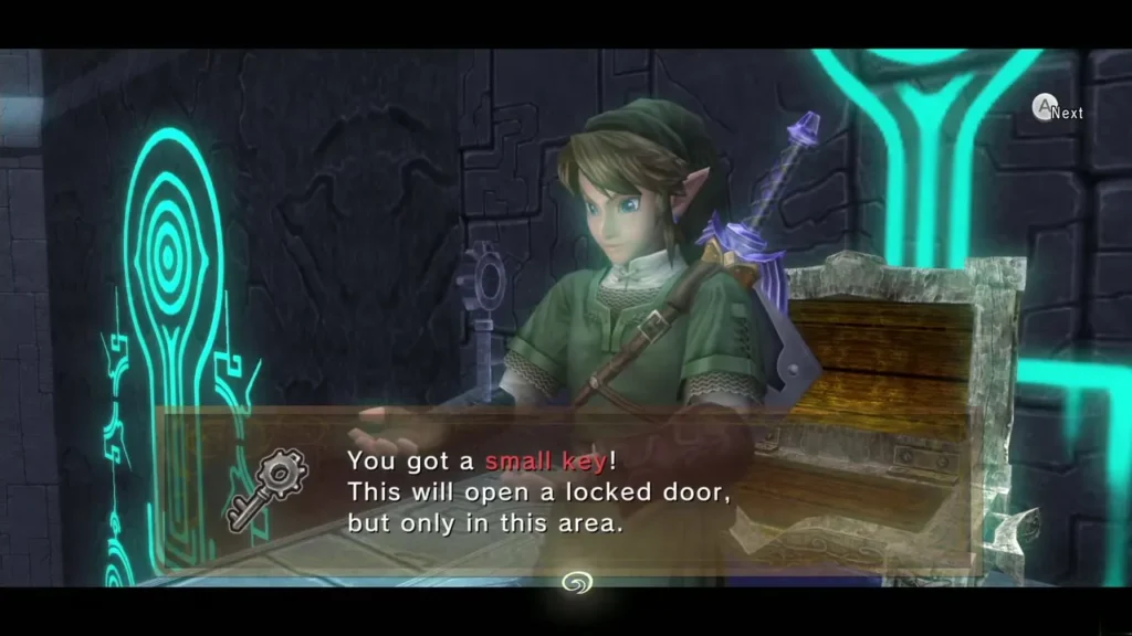 Link holding up a small key with its message box beside a glowing carved pillar Link holding up a small key with its message box beside a glowing carved pillar