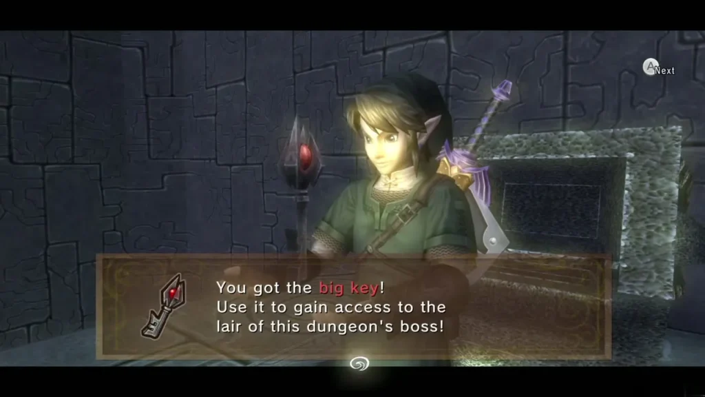 Link holding up the Big Key with its message box Link holding up the Big Key with its message box