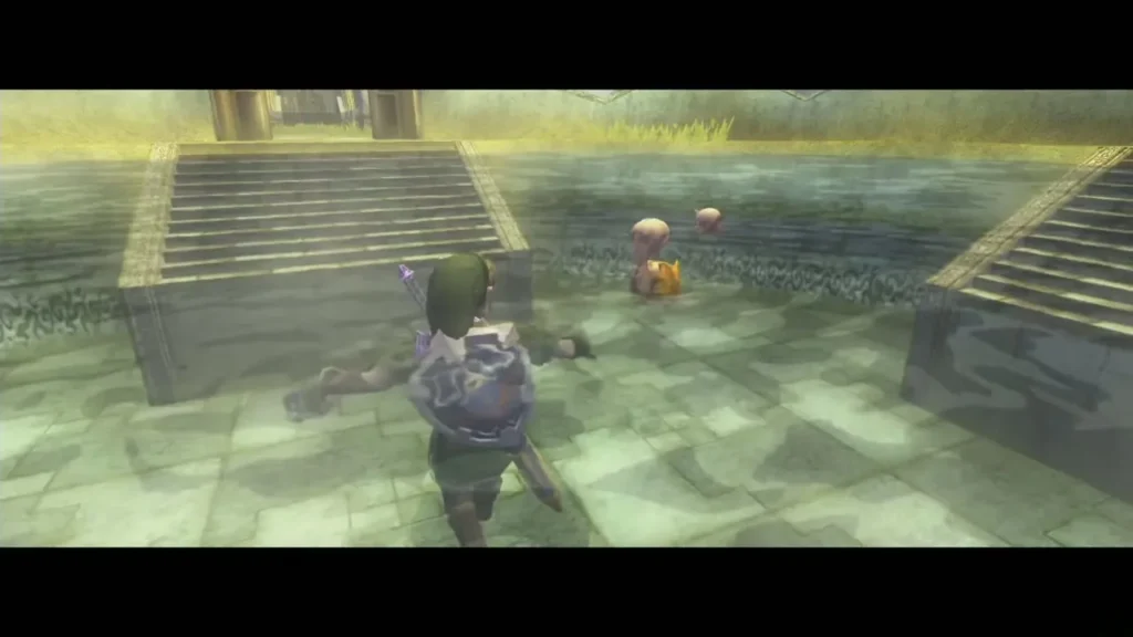 Link crossing a stone plaza in the City in the Sky beside a staircase Link crossing a stone plaza in the City in the Sky beside a staircase