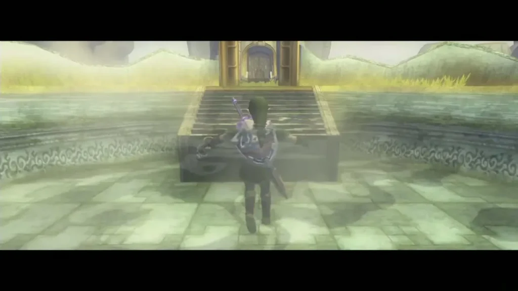 Link standing at the steps of the City in the Sky under a golden gate Link standing at the steps of the City in the Sky under a golden gate