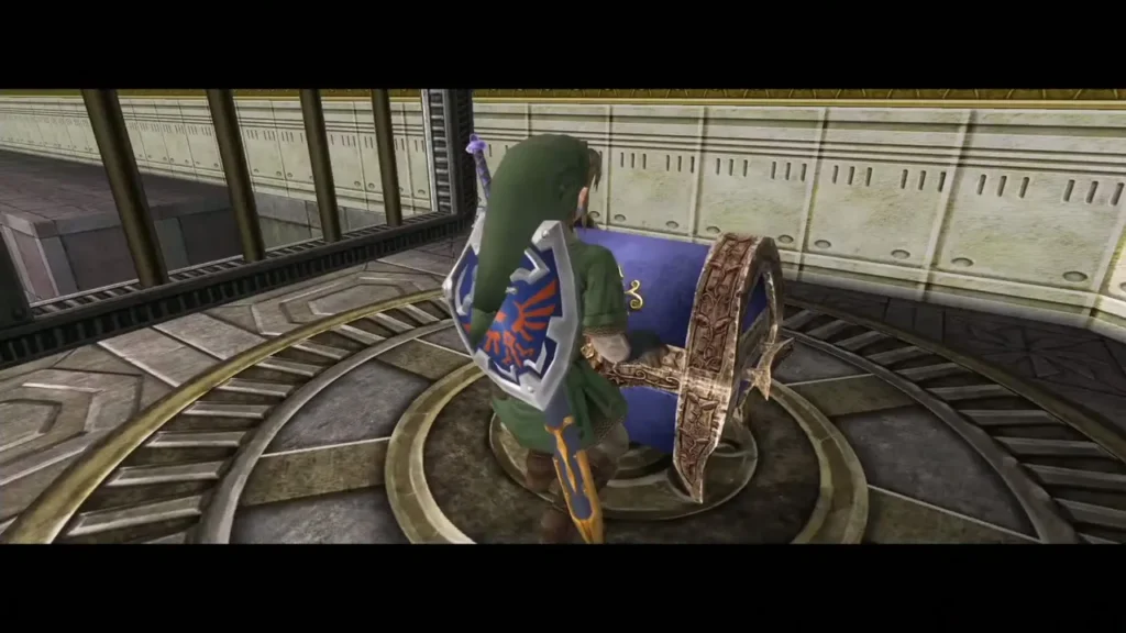 Link opening a blue chest on a round stone floor Link opening a blue chest on a round stone floor