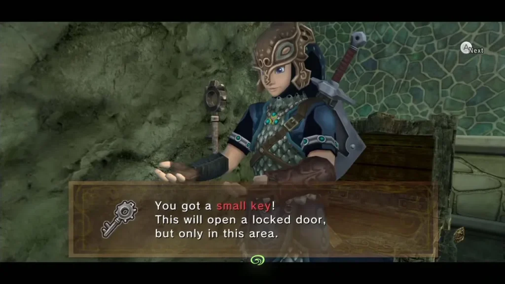 Link holding up Small Key 2 from a chest in the Lakebed Temple, with the item message on screen Link holding up Small Key 2 from a chest in the Lakebed Temple, with the item message on screen