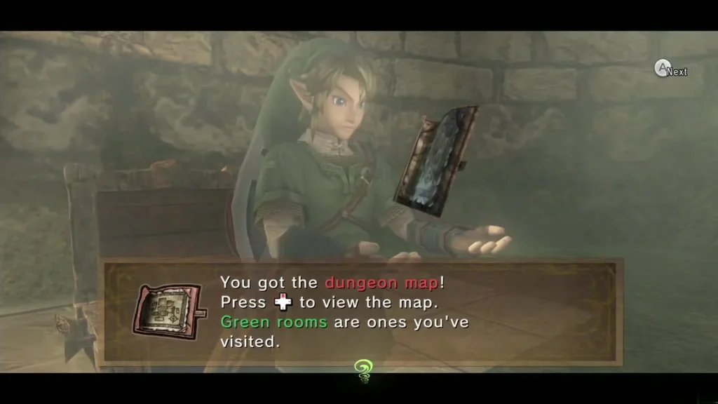 Link holding up the Dungeon Map in a misty stone hall, with the item name box Link holding up the Dungeon Map in a misty stone hall, with the item name box