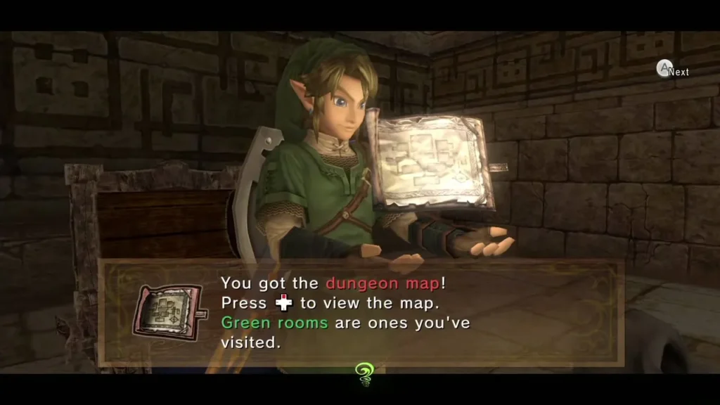 Link holding up the Dungeon Map in a stone room, with the item message box