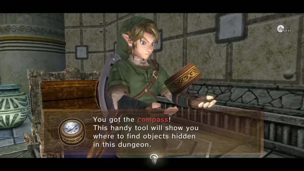 Link holding up the Compass with its message box in a stone room Link holding up the Compass with its message box in a stone room