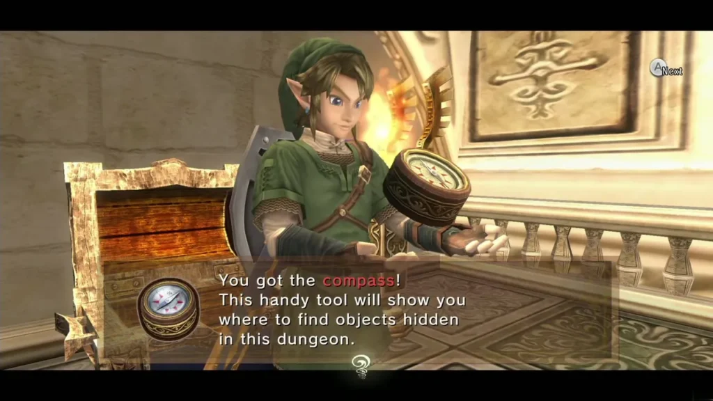 Link holding up the Compass with its message box beside a balcony railing Link holding up the Compass with its message box beside a balcony railing