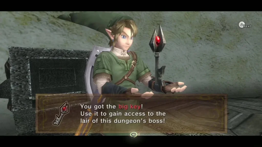 Link holding up the Big Key with its message box Link holding up the Big Key with its message box