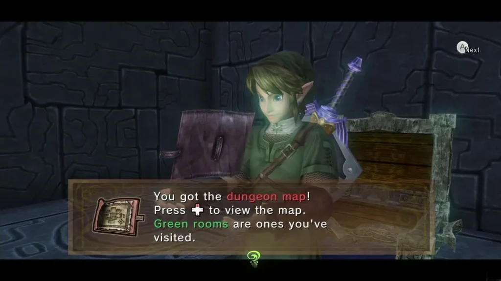 Link holding up the dungeon map with its message box Link holding up the dungeon map with its message box