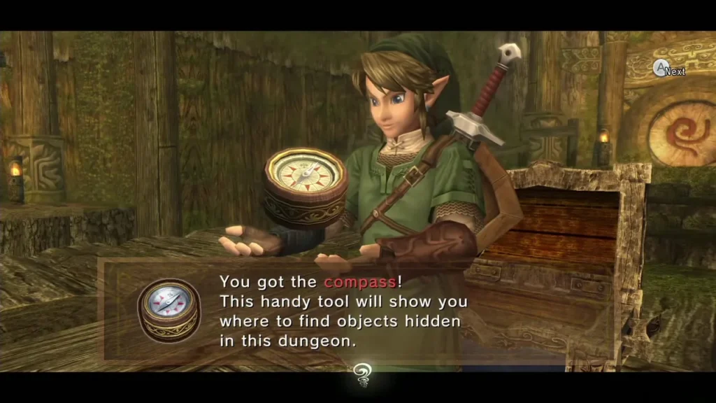 Link holding up the Compass with its message box in the Forest Temple Link holding up the Compass with its message box in the Forest Temple
