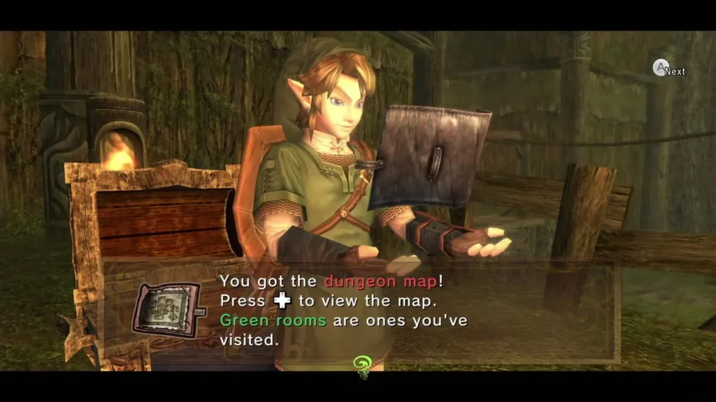 Link holding up the Dungeon Map with its message box in the Forest Temple Link holding up the Dungeon Map with its message box in the Forest Temple