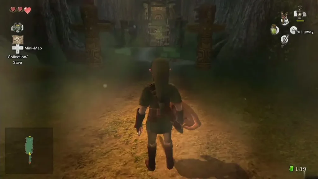 Link walking up the path toward the Forest Temple doors Link walking up the path toward the Forest Temple doors