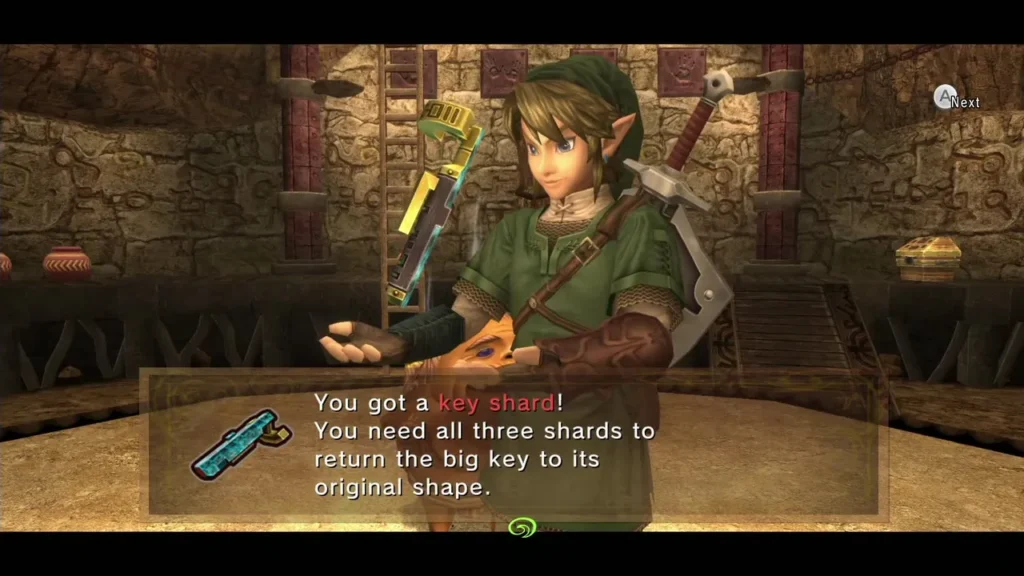 Link holding up a Key Shard with its message box in the Goron Mines Link holding up a Key Shard with its message box in the Goron Mines
