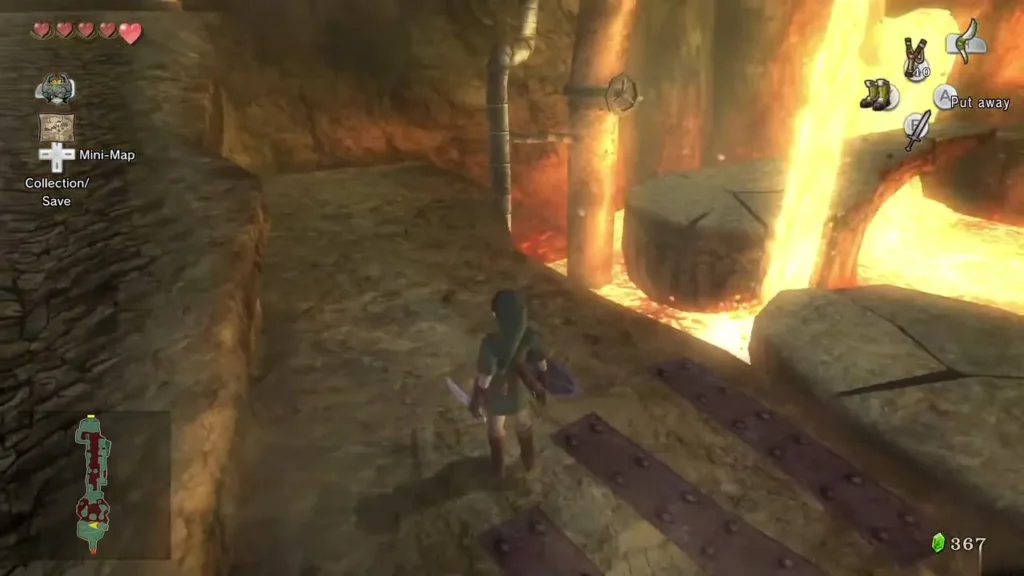Link crossing a stone walkway over lava in the Goron Mines Link crossing a stone walkway over lava in the Goron Mines