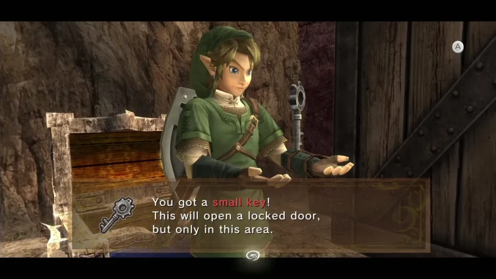 Link holding up a Small Key beside a chest by a wooden door in the Goron Mines Link holding up a Small Key beside a chest by a wooden door in the Goron Mines