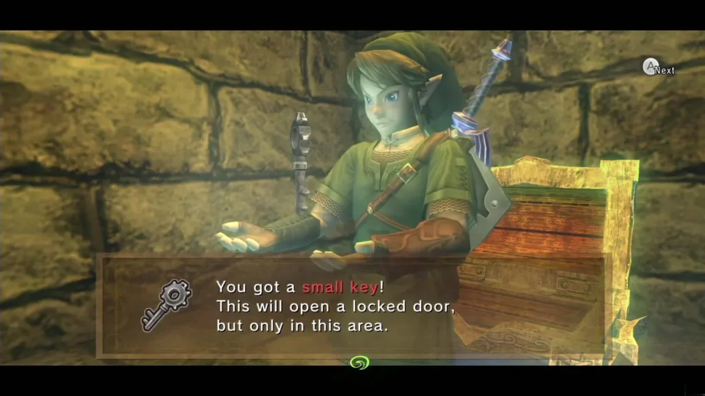 Link holding up a small key with its message box beside an open chest Link holding up a small key with its message box beside an open chest