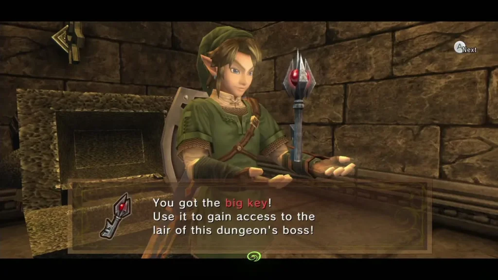 Link holding up the Big Key with its message box Link holding up the Big Key with its message box
