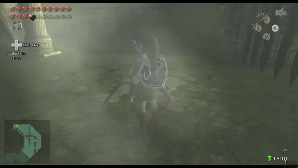 Link walking through the foggy Hyrule Castle courtyard seen from behind Link walking through the foggy Hyrule Castle courtyard seen from behind
