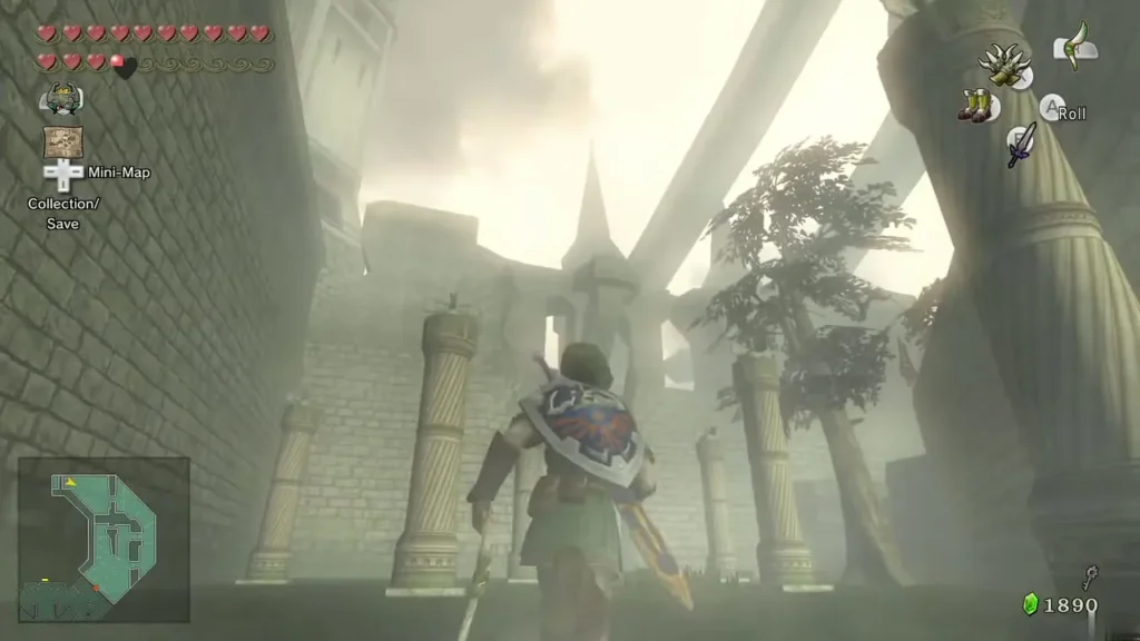 Link walking through the misty Hyrule Castle ruins courtyard past broken pillars Link walking through the misty Hyrule Castle ruins courtyard past broken pillars