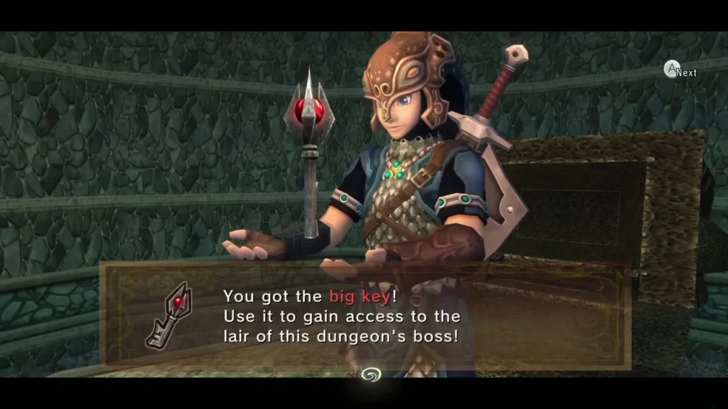 Link holding up the Big Key with its message box in the Lakebed Temple Link holding up the Big Key with its message box in the Lakebed Temple