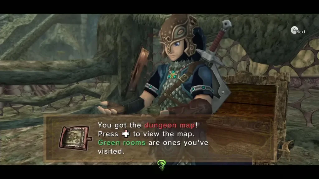 Link holding up the Dungeon Map with its message box in the Lakebed Temple Link holding up the Dungeon Map with its message box in the Lakebed Temple