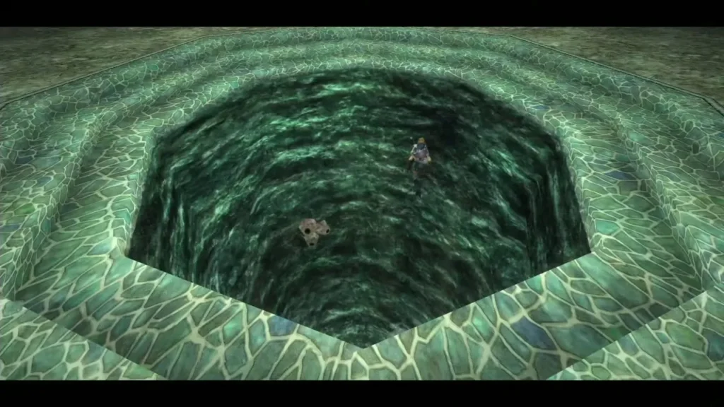 Link in the flooded octagonal shaft leading into the Lakebed Temple Link in the flooded octagonal shaft leading into the Lakebed Temple