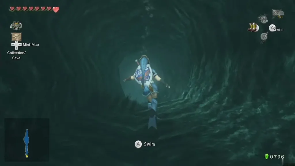 Link swimming through a dark underwater tunnel toward the Lakebed Temple Link swimming through a dark underwater tunnel toward the Lakebed Temple
