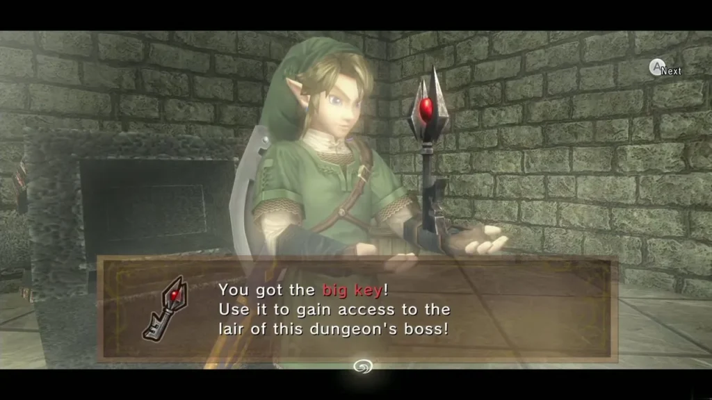 Link holding up the Big Key with its message box in a stone room Link holding up the Big Key with its message box in a stone room